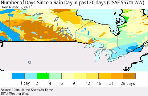 Canada Number of Days Since a Rain Day in past 30 days (USAF 557th WW) Thematic Map For 12/1/2023 - 12/5/2023