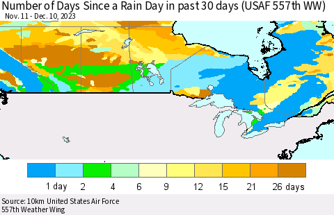 Canada Number of Days Since a Rain Day in past 30 days (USAF 557th WW) Thematic Map For 12/6/2023 - 12/10/2023