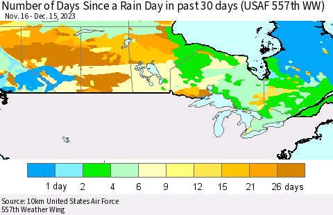 Canada Number of Days Since a Rain Day in past 30 days (USAF 557th WW) Thematic Map For 12/11/2023 - 12/15/2023