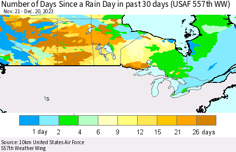 Canada Number of Days Since a Rain Day in past 30 days (USAF 557th WW) Thematic Map For 12/16/2023 - 12/20/2023