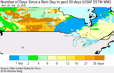 Canada Number of Days Since a Rain Day in past 30 days (USAF 557th WW) Thematic Map For 12/21/2023 - 12/25/2023