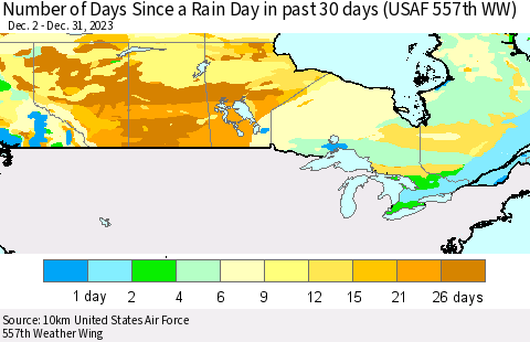 Canada Number of Days Since a Rain Day in past 30 days (USAF 557th WW) Thematic Map For 12/26/2023 - 12/31/2023