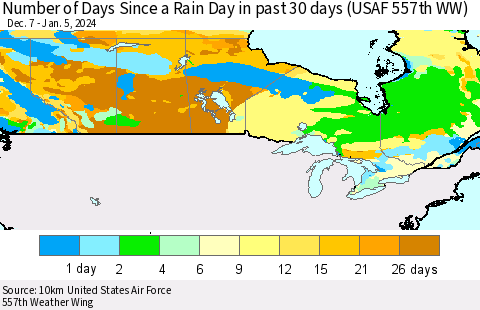 Canada Number of Days Since a Rain Day in past 30 days (USAF 557th WW) Thematic Map For 1/1/2024 - 1/5/2024