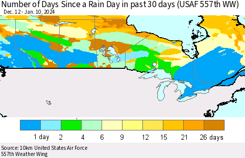 Canada Number of Days Since a Rain Day in past 30 days (USAF 557th WW) Thematic Map For 1/6/2024 - 1/10/2024