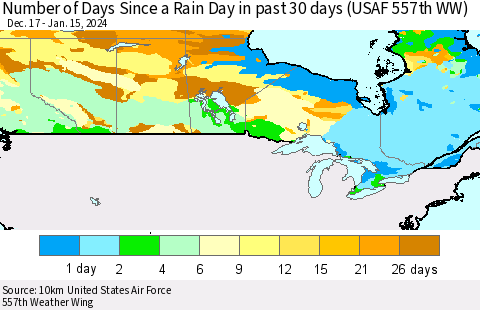 Canada Number of Days Since a Rain Day in past 30 days (USAF 557th WW) Thematic Map For 1/11/2024 - 1/15/2024