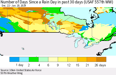 Canada Number of Days Since a Rain Day in past 30 days (USAF 557th WW) Thematic Map For 1/16/2024 - 1/20/2024