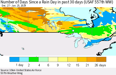Canada Number of Days Since a Rain Day in past 30 days (USAF 557th WW) Thematic Map For 1/21/2024 - 1/25/2024