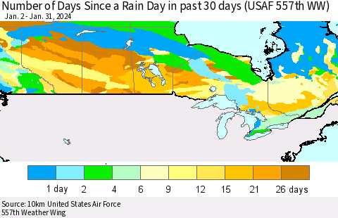 Canada Number of Days Since a Rain Day in past 30 days (USAF 557th WW) Thematic Map For 1/26/2024 - 1/31/2024