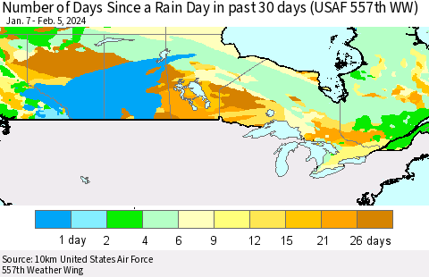 Canada Number of Days Since a Rain Day in past 30 days (USAF 557th WW) Thematic Map For 2/1/2024 - 2/5/2024