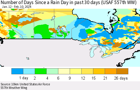 Canada Number of Days Since a Rain Day in past 30 days (USAF 557th WW) Thematic Map For 2/6/2024 - 2/10/2024
