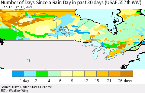 Canada Number of Days Since a Rain Day in past 30 days (USAF 557th WW) Thematic Map For 2/11/2024 - 2/15/2024