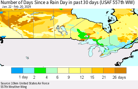 Canada Number of Days Since a Rain Day in past 30 days (USAF 557th WW) Thematic Map For 2/16/2024 - 2/20/2024