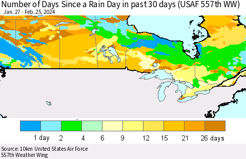 Canada Number of Days Since a Rain Day in past 30 days (USAF 557th WW) Thematic Map For 2/21/2024 - 2/25/2024