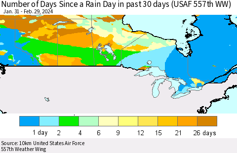 Canada Number of Days Since a Rain Day in past 30 days (USAF 557th WW) Thematic Map For 2/26/2024 - 2/29/2024