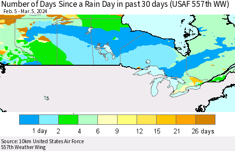 Canada Number of Days Since a Rain Day in past 30 days (USAF 557th WW) Thematic Map For 3/1/2024 - 3/5/2024