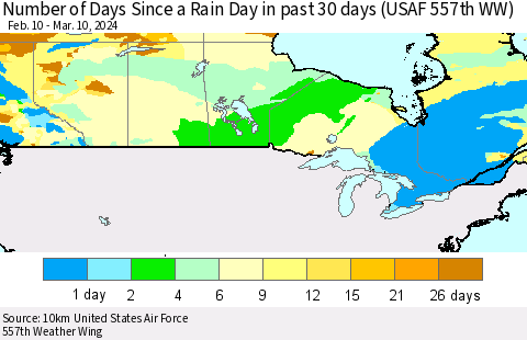 Canada Number of Days Since a Rain Day in past 30 days (USAF 557th WW) Thematic Map For 3/6/2024 - 3/10/2024