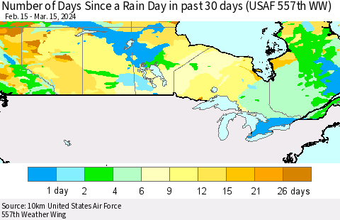 Canada Number of Days Since a Rain Day in past 30 days (USAF 557th WW) Thematic Map For 3/11/2024 - 3/15/2024