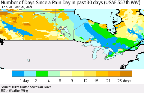 Canada Number of Days Since a Rain Day in past 30 days (USAF 557th WW) Thematic Map For 3/16/2024 - 3/20/2024
