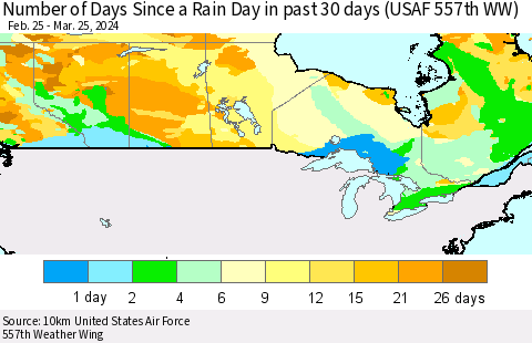 Canada Number of Days Since a Rain Day in past 30 days (USAF 557th WW) Thematic Map For 3/21/2024 - 3/25/2024