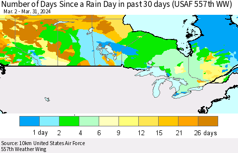 Canada Number of Days Since a Rain Day in past 30 days (USAF 557th WW) Thematic Map For 3/26/2024 - 3/31/2024