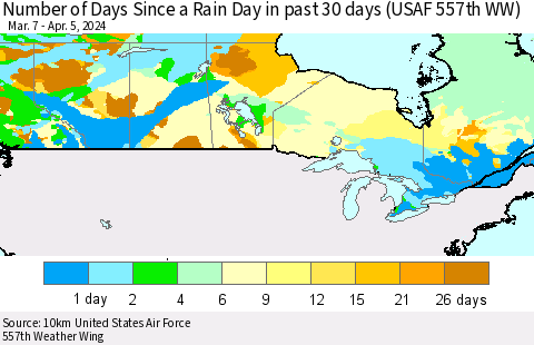 Canada Number of Days Since a Rain Day in past 30 days (USAF 557th WW) Thematic Map For 4/1/2024 - 4/5/2024