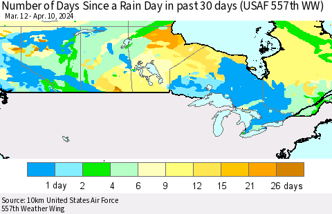 Canada Number of Days Since a Rain Day in past 30 days (USAF 557th WW) Thematic Map For 4/6/2024 - 4/10/2024