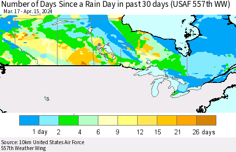 Canada Number of Days Since a Rain Day in past 30 days (USAF 557th WW) Thematic Map For 4/11/2024 - 4/15/2024