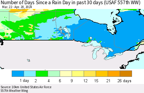 Canada Number of Days Since a Rain Day in past 30 days (USAF 557th WW) Thematic Map For 4/16/2024 - 4/20/2024
