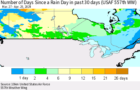 Canada Number of Days Since a Rain Day in past 30 days (USAF 557th WW) Thematic Map For 4/21/2024 - 4/25/2024