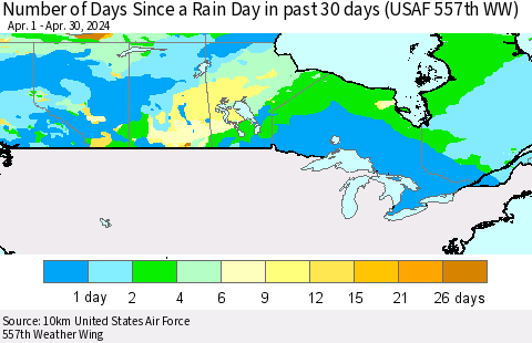 Canada Number of Days Since a Rain Day in past 30 days (USAF 557th WW) Thematic Map For 4/26/2024 - 4/30/2024