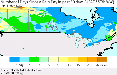 Canada Number of Days Since a Rain Day in past 30 days (USAF 557th WW) Thematic Map For 5/1/2024 - 5/5/2024