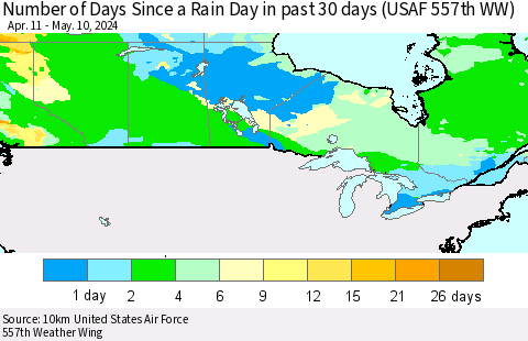 Canada Number of Days Since a Rain Day in past 30 days (USAF 557th WW) Thematic Map For 5/6/2024 - 5/10/2024