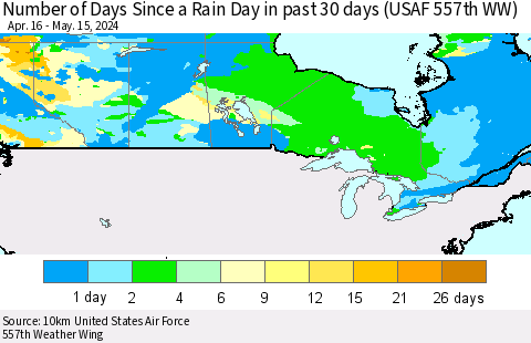 Canada Number of Days Since a Rain Day in past 30 days (USAF 557th WW) Thematic Map For 5/11/2024 - 5/15/2024