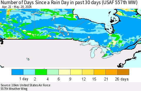 Canada Number of Days Since a Rain Day in past 30 days (USAF 557th WW) Thematic Map For 5/16/2024 - 5/20/2024