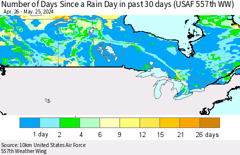 Canada Number of Days Since a Rain Day in past 30 days (USAF 557th WW) Thematic Map For 5/21/2024 - 5/25/2024