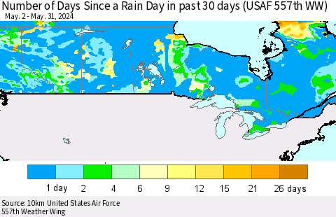 Canada Number of Days Since a Rain Day in past 30 days (USAF 557th WW) Thematic Map For 5/26/2024 - 5/31/2024