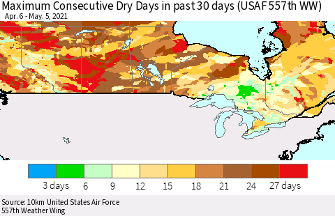 Canada Maximum Consecutive Dry Days in past 30 days (USAF 557th WW) 05/05/2021 Thematic Map For 5/1/2021 - 5/5/2021