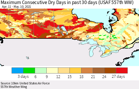 Canada Maximum Consecutive Dry Days in past 30 days (USAF 557th WW) 05/10/2021 Thematic Map For 5/6/2021 - 5/10/2021