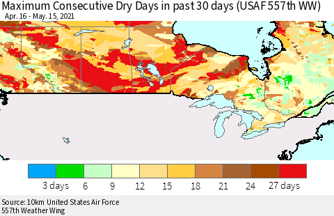 Canada Maximum Consecutive Dry Days in past 30 days (USAF 557th WW) 05/15/2021 Thematic Map For 5/11/2021 - 5/15/2021