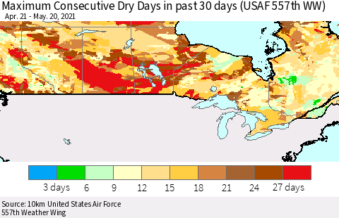 Canada Maximum Consecutive Dry Days in past 30 days (USAF 557th WW) 05/20/2021 Thematic Map For 5/16/2021 - 5/20/2021