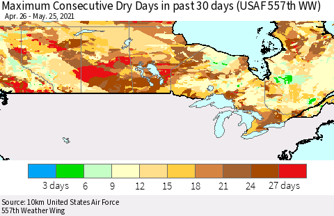 Canada Maximum Consecutive Dry Days in past 30 days (USAF 557th WW) 05/25/2021 Thematic Map For 5/21/2021 - 5/25/2021
