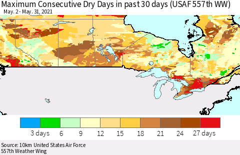 Canada Maximum Consecutive Dry Days in past 30 days (USAF 557th WW) 05/31/2021 Thematic Map For 5/26/2021 - 5/31/2021