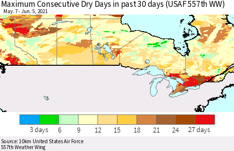Canada Maximum Consecutive Dry Days in past 30 days (USAF 557th WW) 06/05/2021 Thematic Map For 6/1/2021 - 6/5/2021