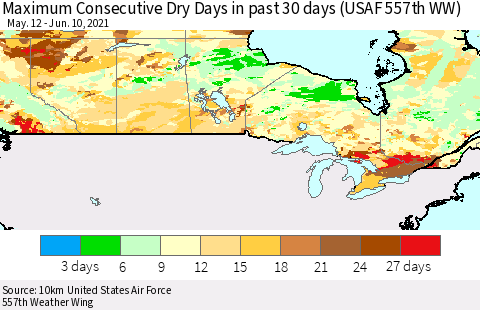 Canada Maximum Consecutive Dry Days in past 30 days (USAF 557th WW) 06/10/2021 Thematic Map For 6/6/2021 - 6/10/2021