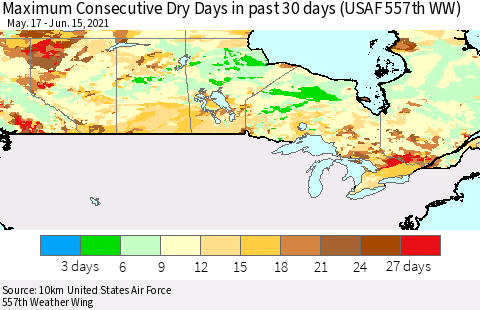 Canada Maximum Consecutive Dry Days in past 30 days (USAF 557th WW) 06/15/2021 Thematic Map For 6/11/2021 - 6/15/2021