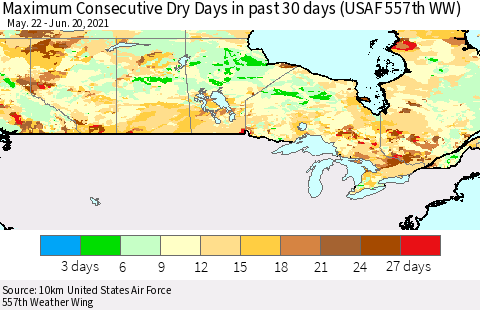 Canada Maximum Consecutive Dry Days in past 30 days (USAF 557th WW) 06/20/2021 Thematic Map For 6/16/2021 - 6/20/2021