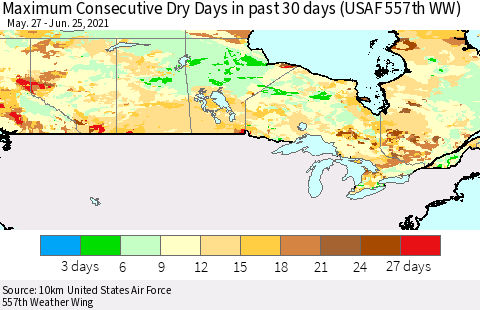 Canada Maximum Consecutive Dry Days in past 30 days (USAF 557th WW) 06/25/2021 Thematic Map For 6/21/2021 - 6/25/2021