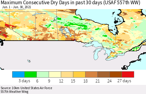 Canada Maximum Consecutive Dry Days in past 30 days (USAF 557th WW) 06/30/2021 Thematic Map For 6/26/2021 - 6/30/2021