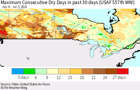 Canada Maximum Consecutive Dry Days in past 30 days (USAF 557th WW) 07/05/2021 Thematic Map For 7/1/2021 - 7/5/2021