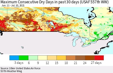 Canada Maximum Consecutive Dry Days in past 30 days (USAF 557th WW) 07/10/2021 Thematic Map For 7/6/2021 - 7/10/2021